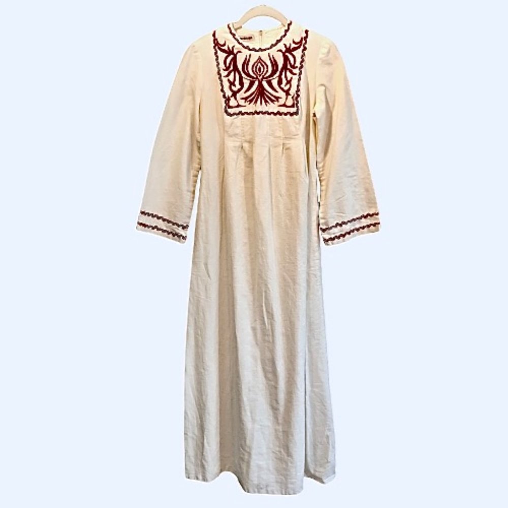Vintage 70s Joseph Magnin Kaftan Dress Embroidered Ric Rac Cream Maxi Boho XS - Picture 5 of 15
